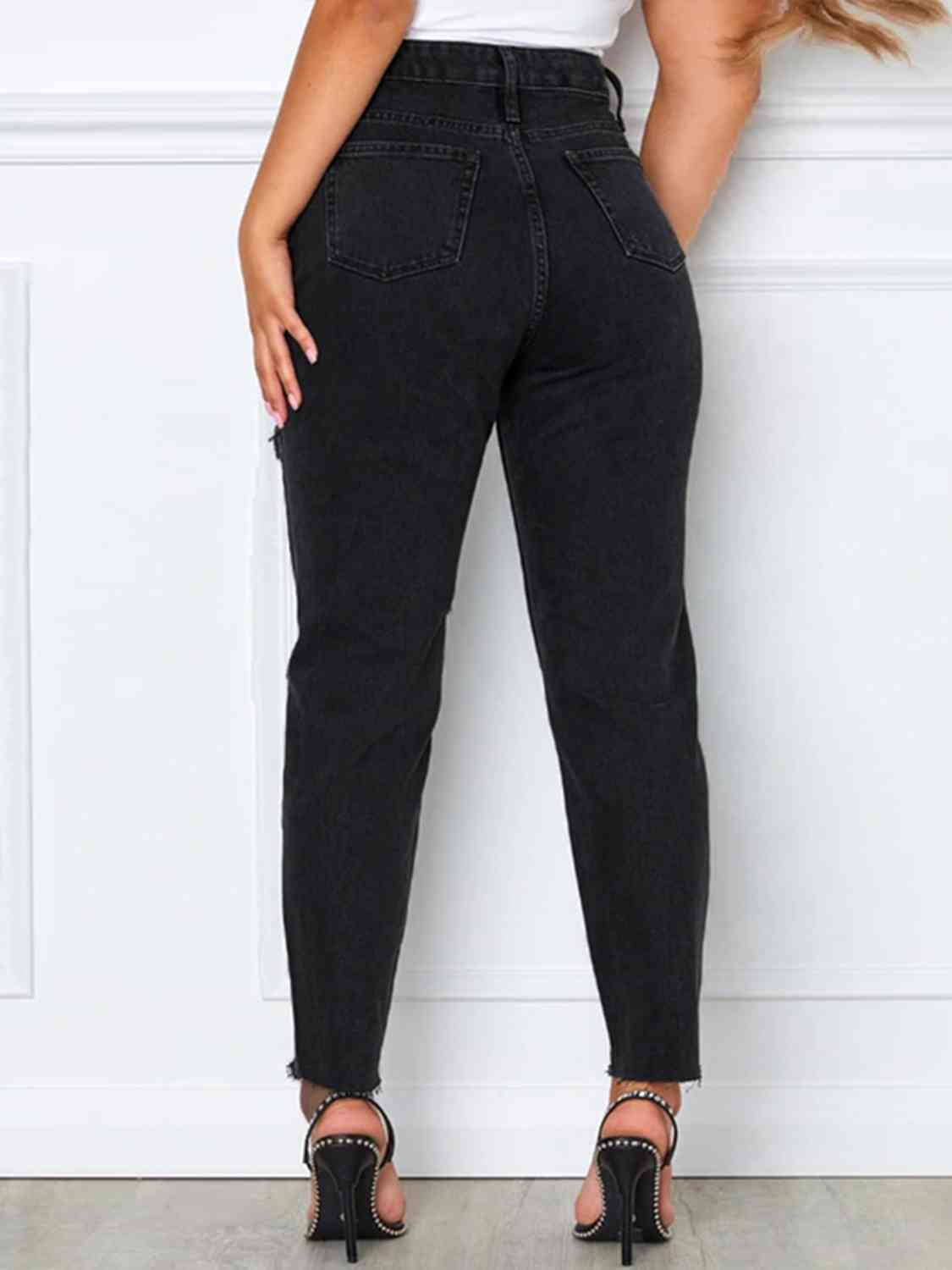 Distressed High Waist Straight Jeans